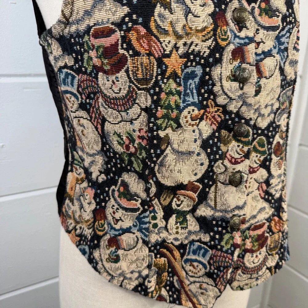 White Stag Vintage Snowman Tapestry Vest Black Holiday Christmas Medium 90s Y2K